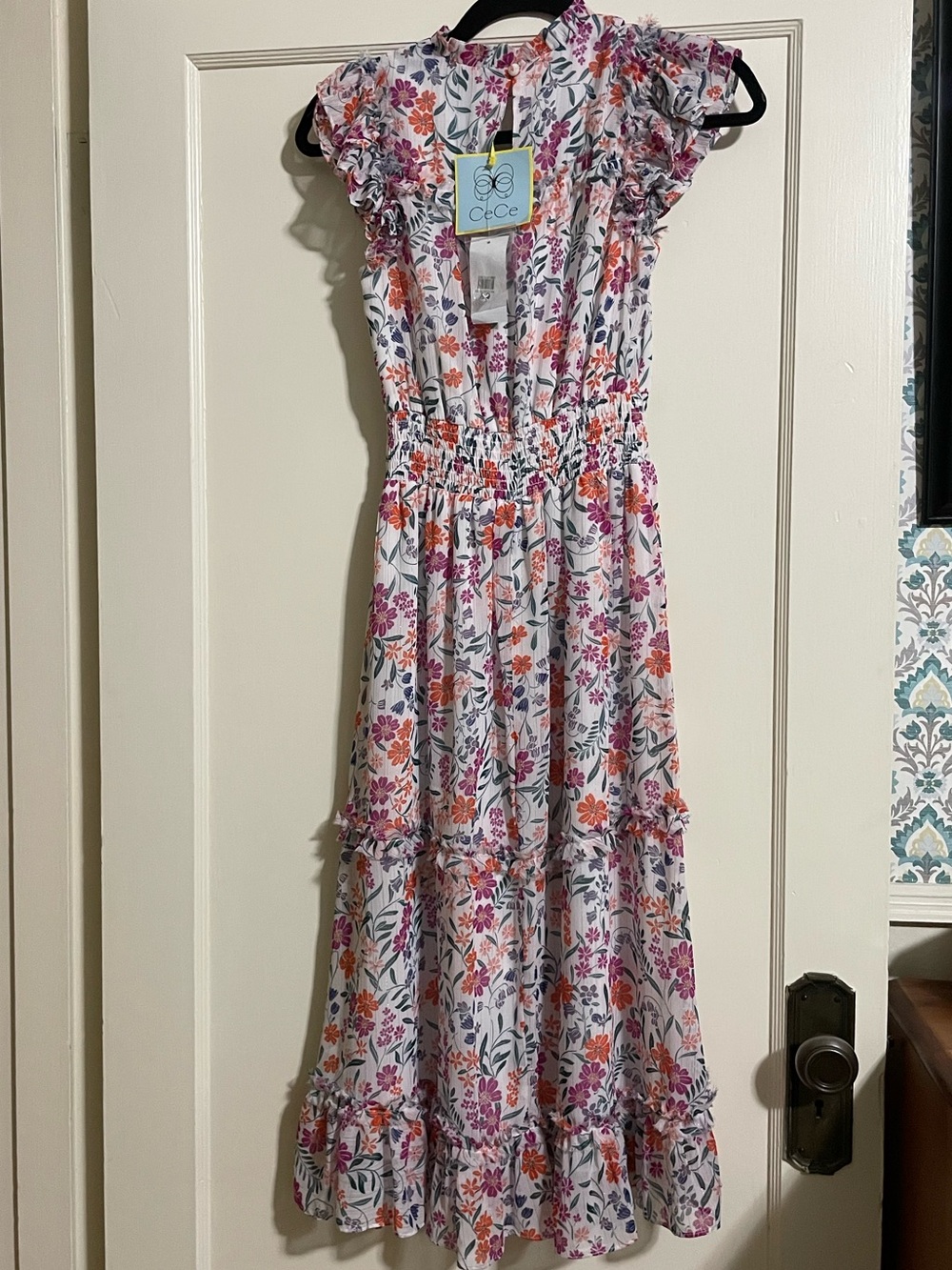 Cece Floral Print Ruffle Dress in New Ivory XS - Picture 3 of 7